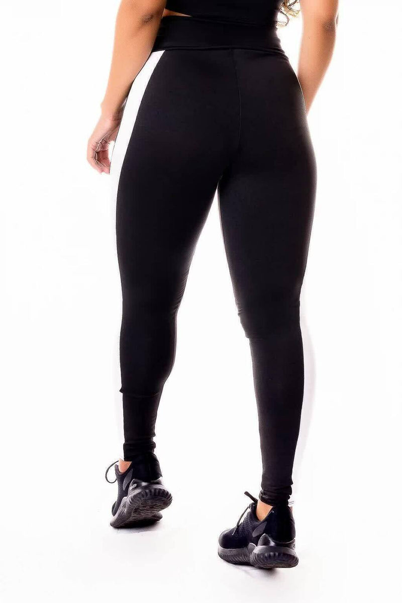 Calça Legging Feminina Cintura Alta Preta Detalhes Em Faixa Lateral Verde Militar e Branco