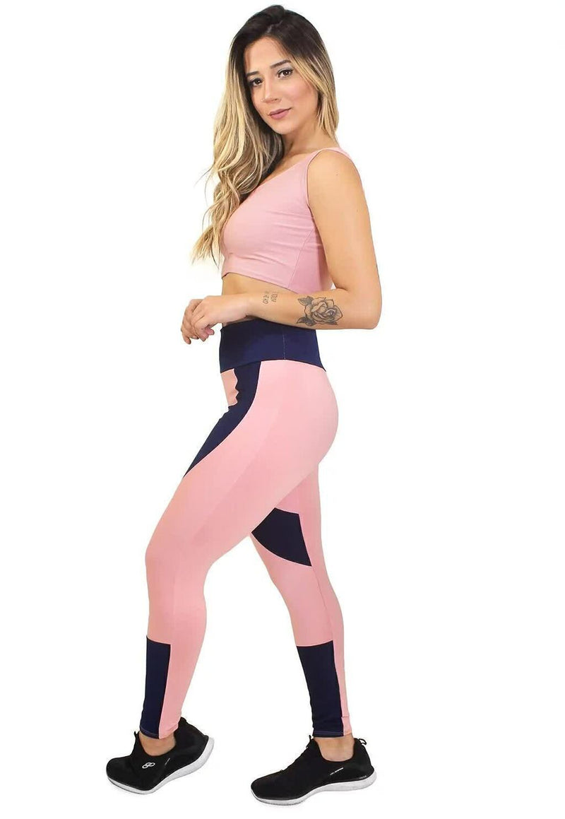 Conjunto Feminino Fitness Cropped Rosa e Calça Legging Rosa e Azul