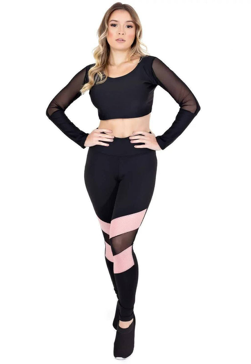 Conjunto Fitness Feminino Cropped Manga Longa Detalhe Em Tule Preto + Calça Legging Cintura Alta Preta Detalhe Rosa e Tela&nbsp;