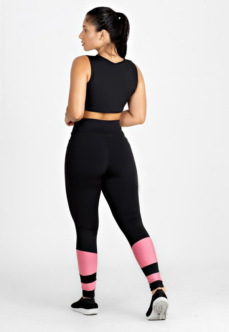 Conjunto Fitness Feminino Cropped Preto Detalhe Rosa + Calça Legging Cintura Alta Preta Detalhe Rosa