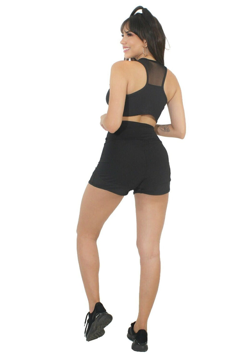 Conjunto Fitness Cropped Short Preto Com Tela Amanda