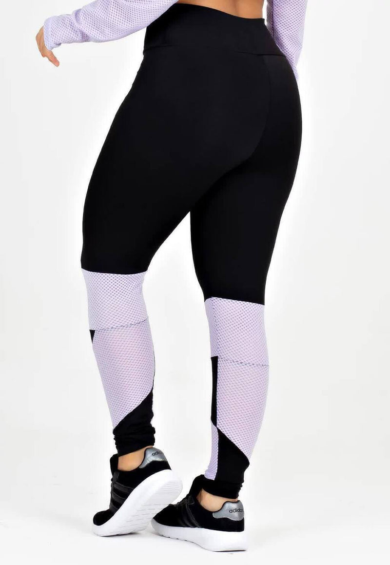 Calça Legging Feminina Cintura Alta Preta Detalhe Em Tela Lilás