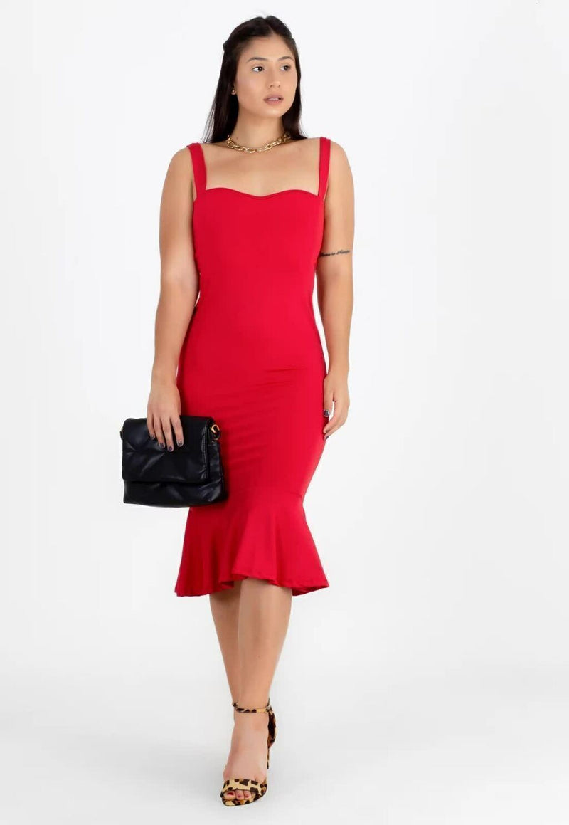 Vestido Feminino Midi Alcinha Com Babado Vermelho