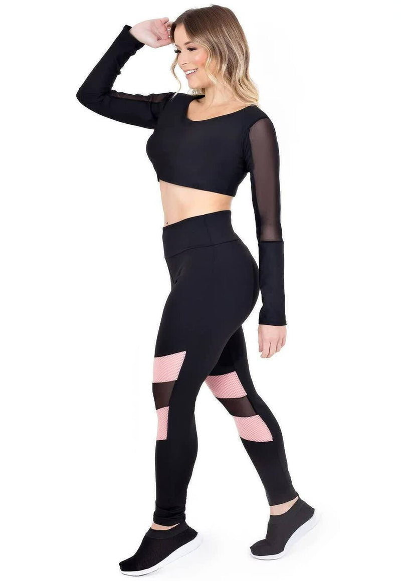 Conjunto Fitness Feminino Cropped Manga Longa Detalhe Em Tule Preto + Calça Legging Cintura Alta Preta Detalhe Rosa e Tela&nbsp;