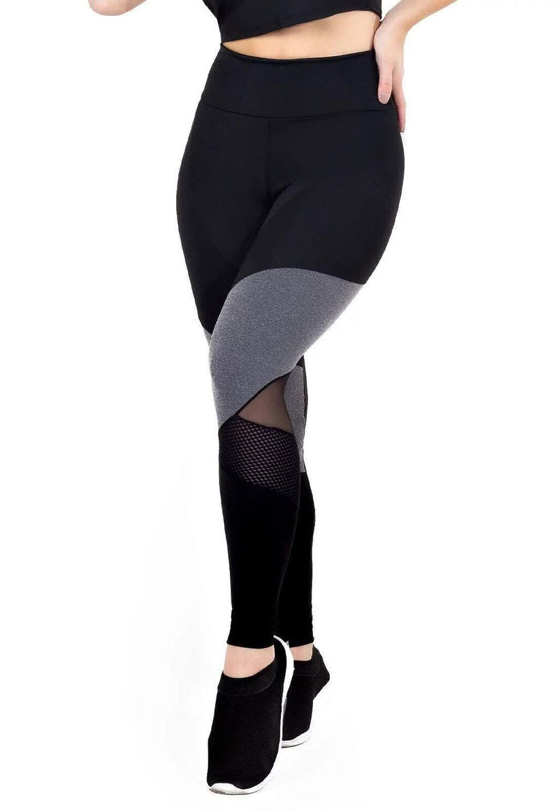 Calça Legging Feminina Cintura Alta Preta Detalhe Em Cinza e Tule