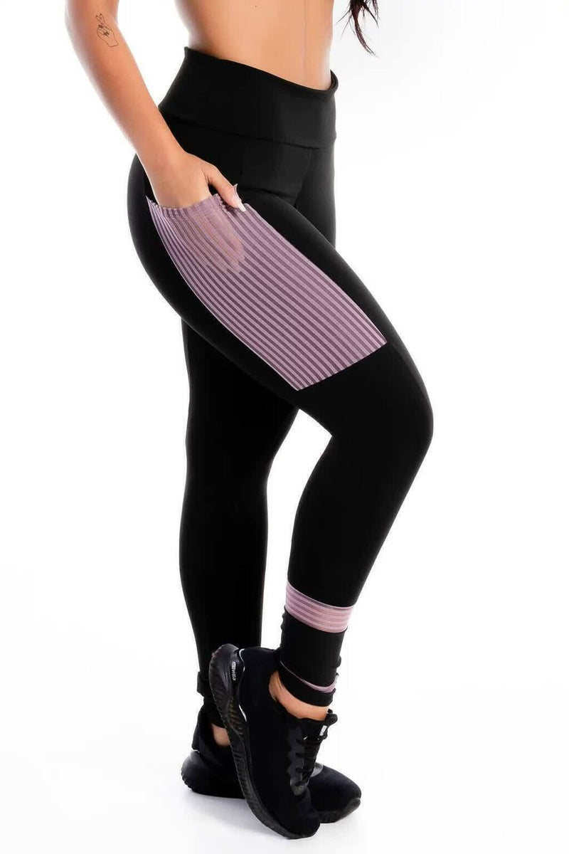 Calça Legging Feminina Cintura Alta Preta Com Bolso e Detalhe Violeta