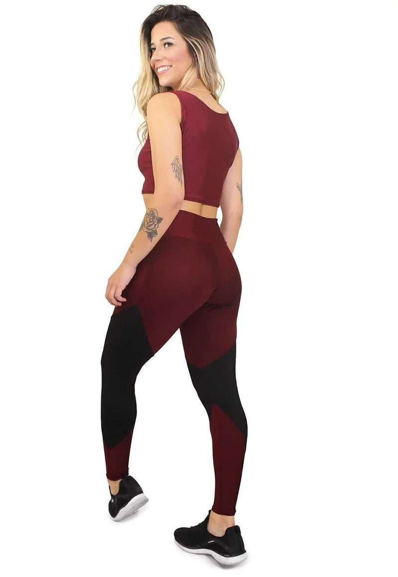 Conjunto Feminino Fitness Cropped e Calça Legging Vinho e Preto