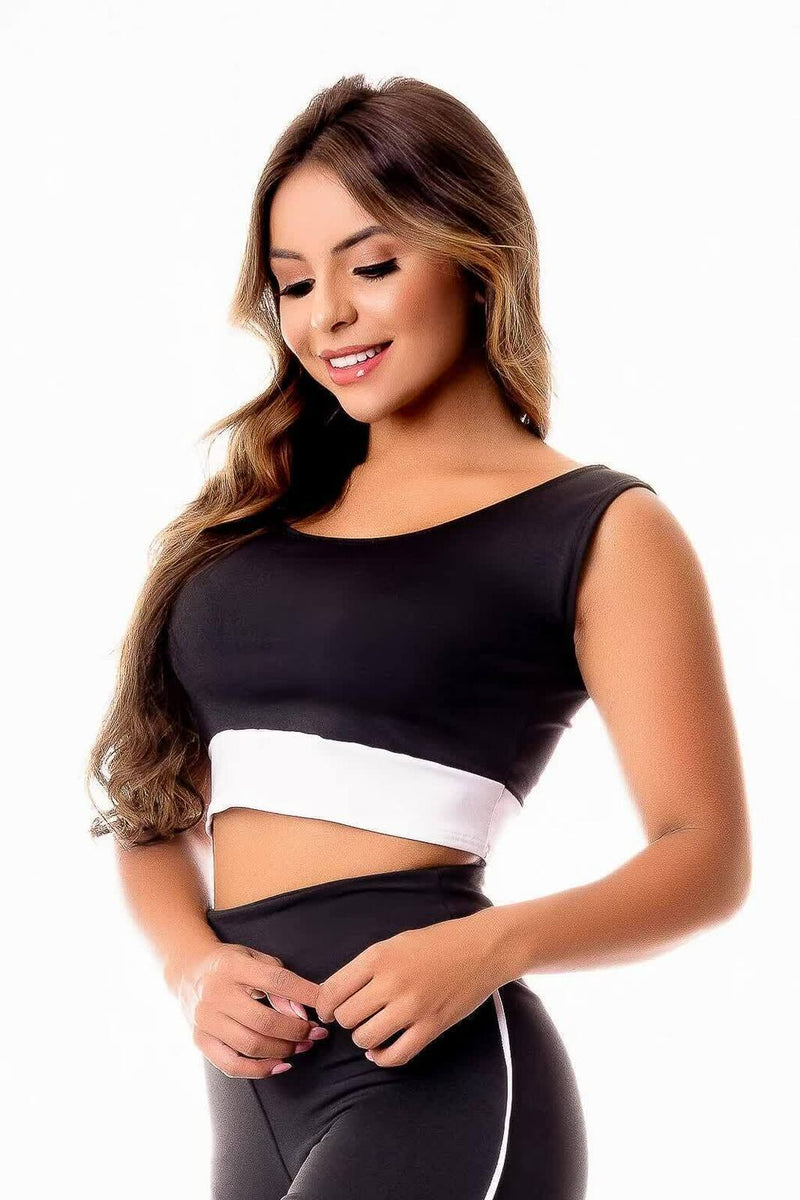 Top Cropped Academia Preto com Branco Fitness