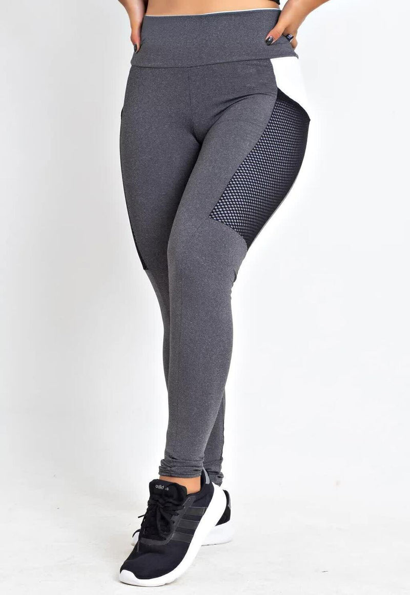 Calça Legging Feminina Cintura Alta Cinza Com Bolso Detale Branco