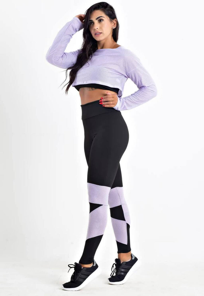 Conjunto Fitness Feminino Cropped De Tela Manga Longa Lilá + Calça Legging Cintura Alta Preta Detalhe Em tela Lilás