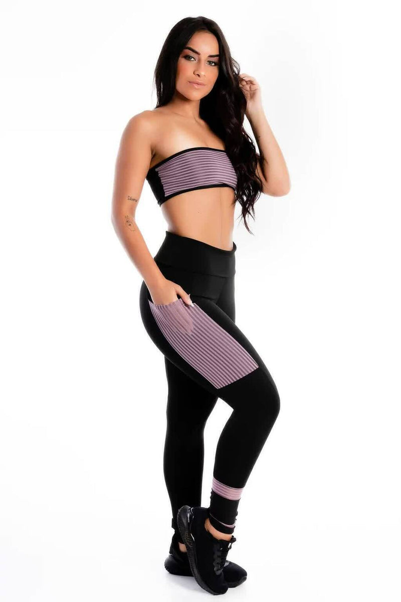 Conjunto Fitness Feminino Top Tomara Que Caia Roxo e Preto + Calça Legging Preta Com Bolso Roxo&nbsp;