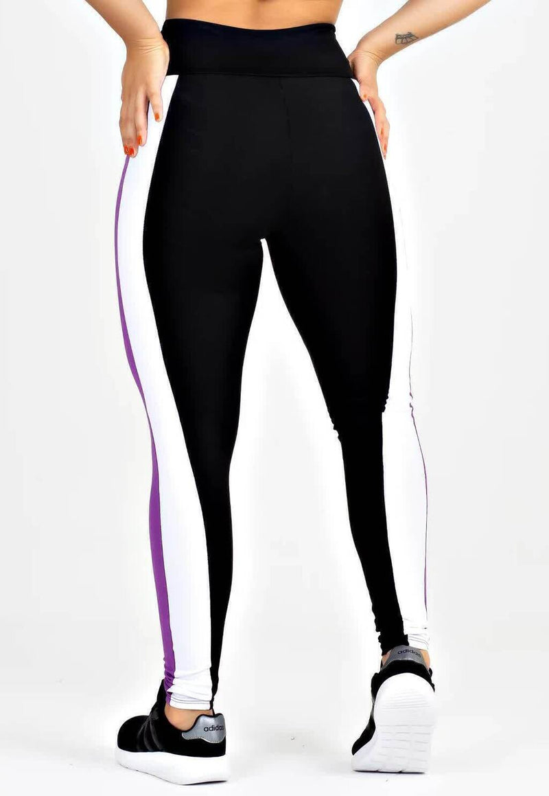 Calça Legging Feminina Cintura Alta Preta Detalhe Lateral Em Roxo e Branco