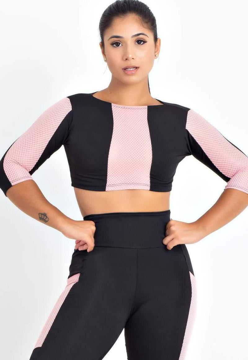 Cropped Fitness Preto com Rosê Feminino