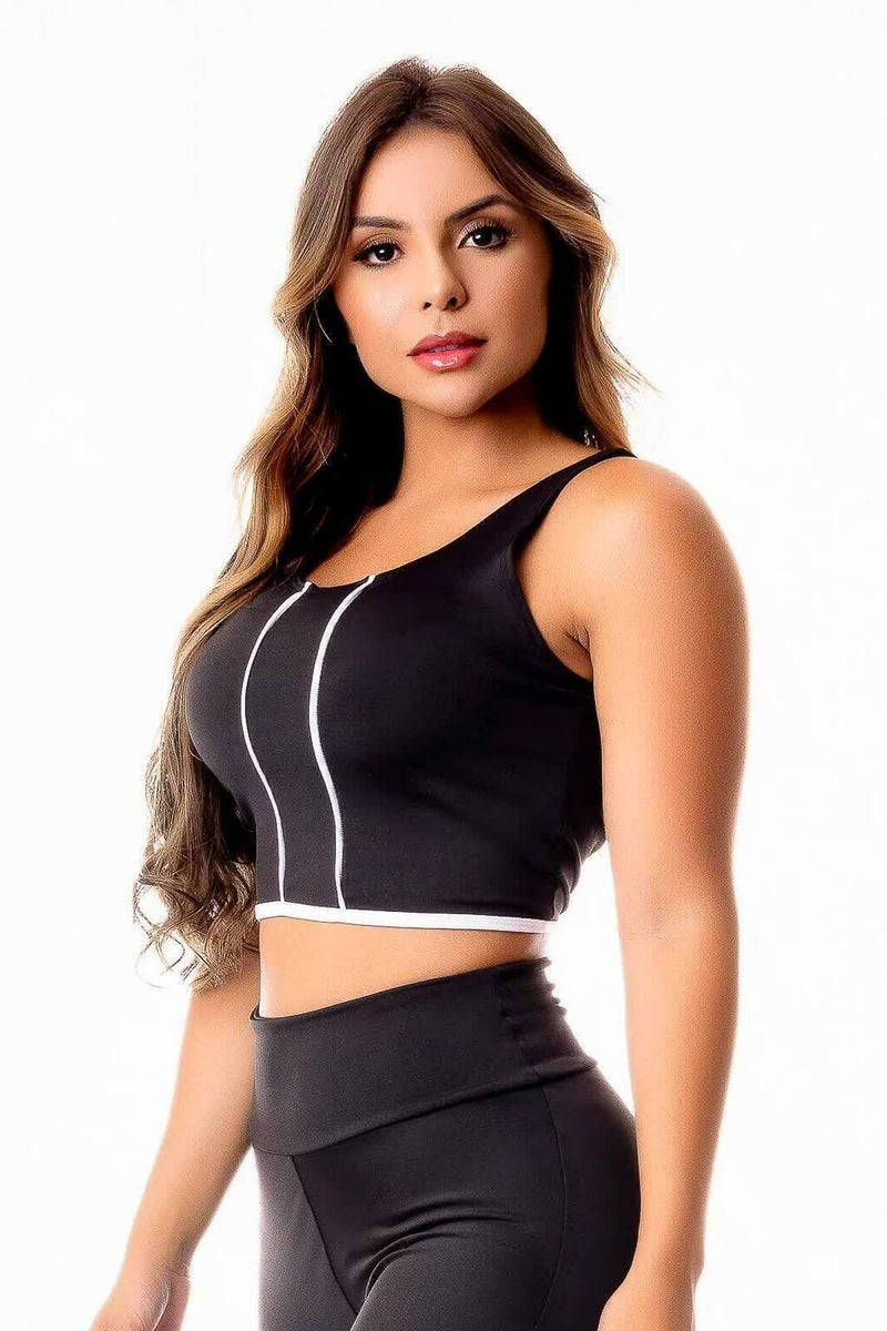 Top Fitness Academia Preto com Branco Cropped