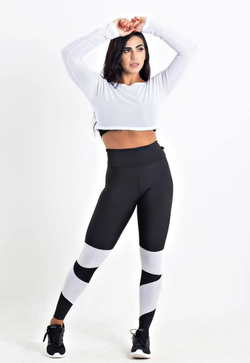 Conjunto Feminino Fitness Cropped Tela Manga Longa e Calça Legging Branca