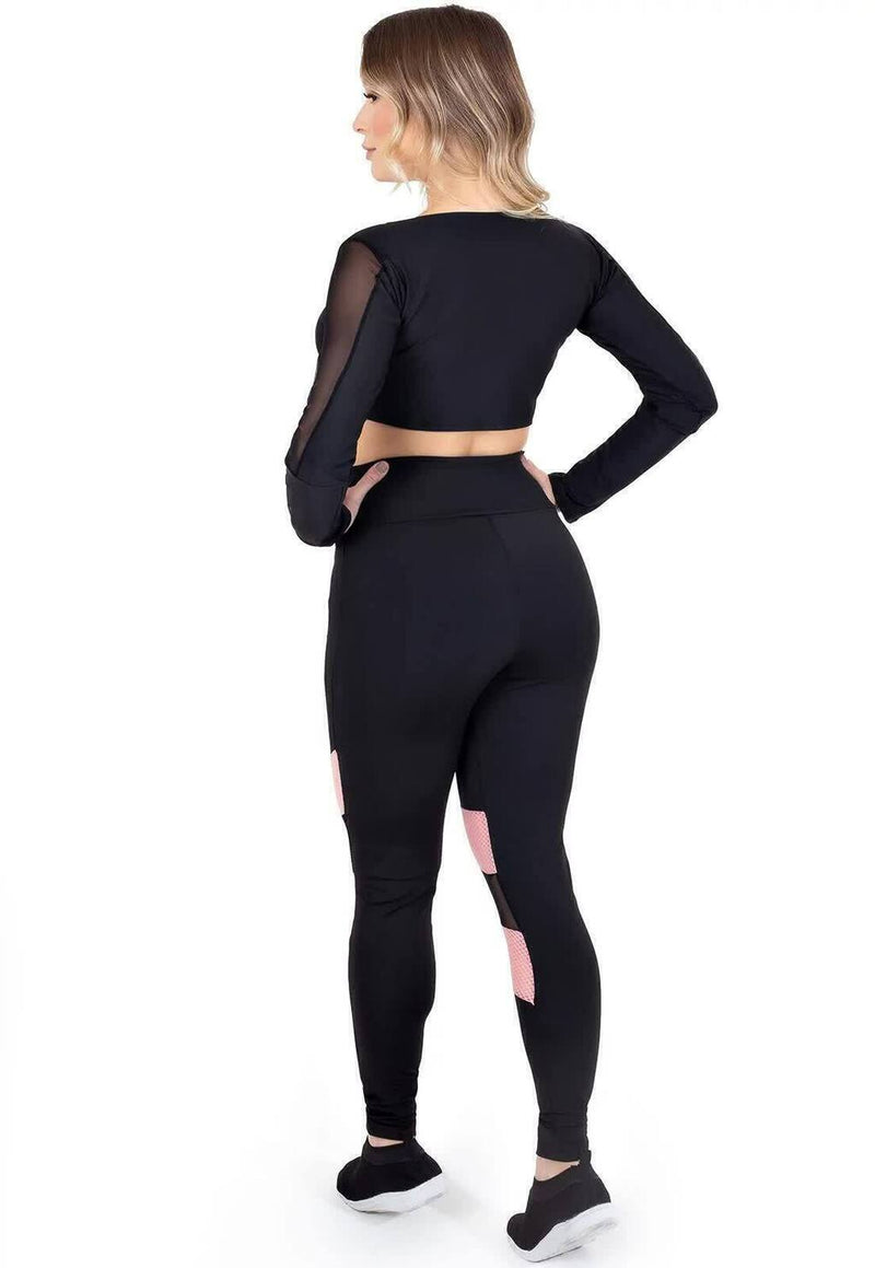 Conjunto Fitness Feminino Cropped Manga Longa Detalhe Em Tule Preto + Calça Legging Cintura Alta Preta Detalhe Rosa e Tela&nbsp;