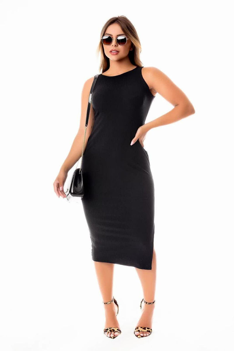 Vestido Feminino Midi Tubinho Social Alcinha Com Fenda Lateral Canelado Preto