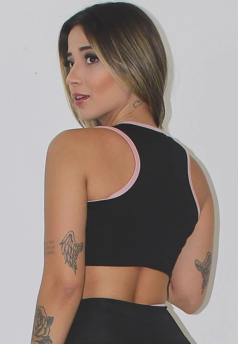 Cropped Fitness Preto com Detalhe Rosê Top