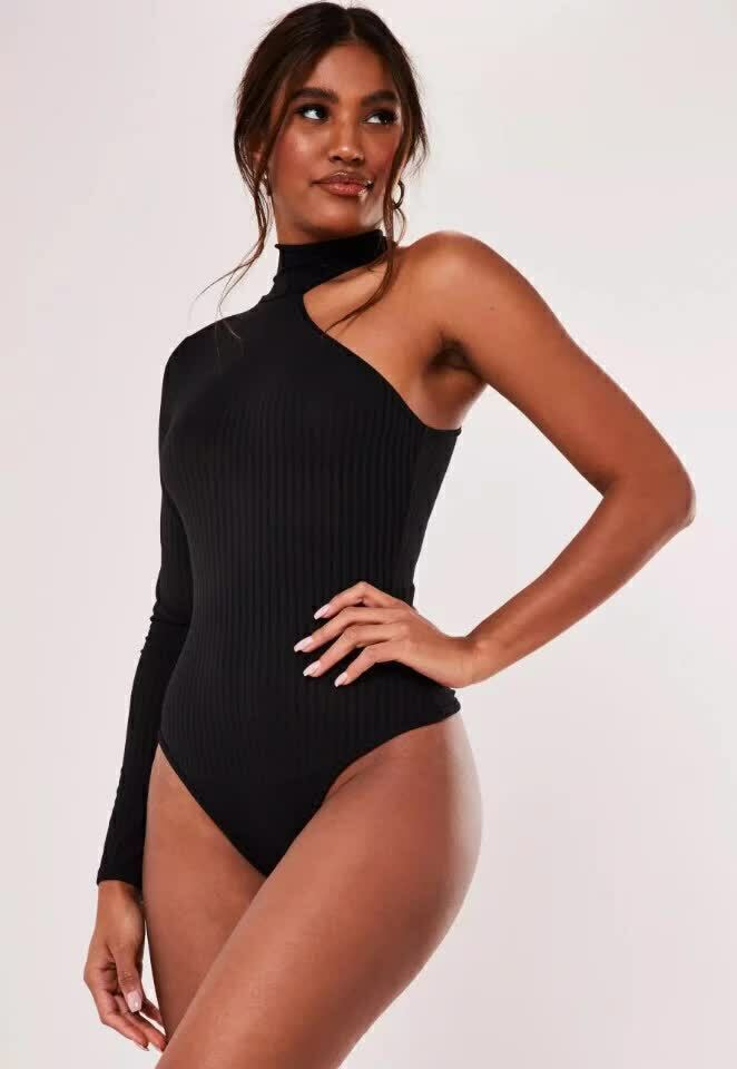 Body Feminino Manga Longa Nula Gola Alta Canelado Preto.