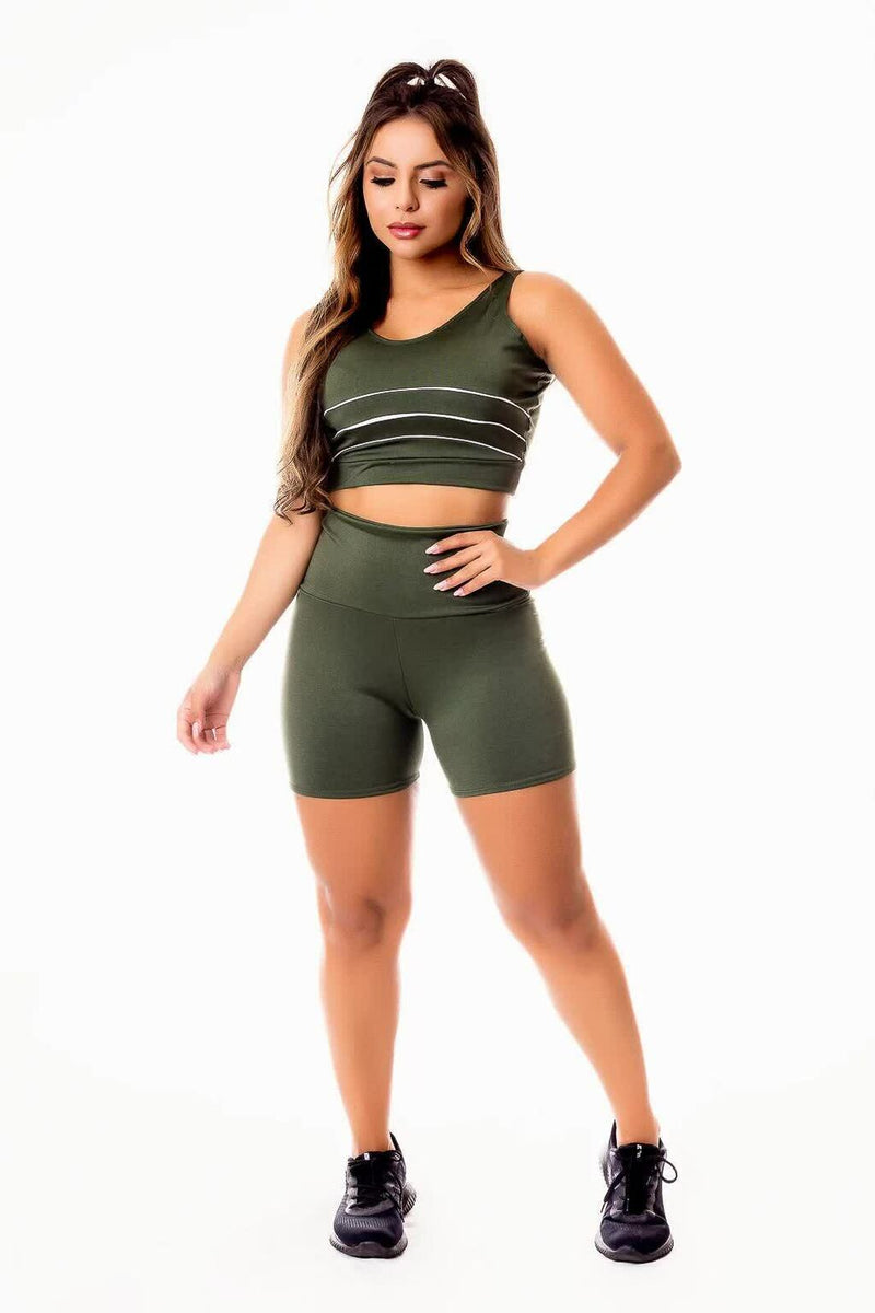 Conjunto Fitness Short Verde Militar Cintura Alta + Cropped Regata com Detalhes em Vivo Branco