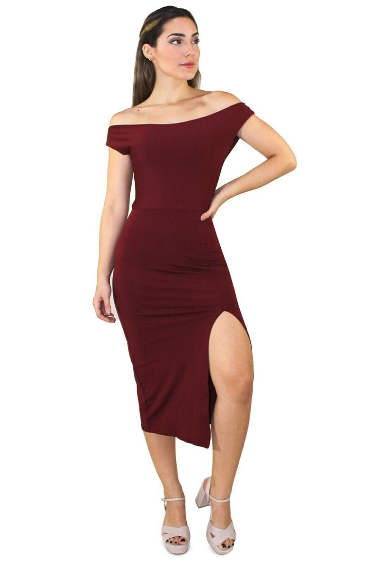 Vestido Feminino Midi Ombro A Ombro Com Fenda Vermelho Escuro