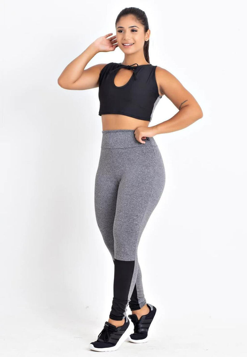 Cropped Mescla e Calça Legging Mescla Detalhe Preto Conjunto Fitness