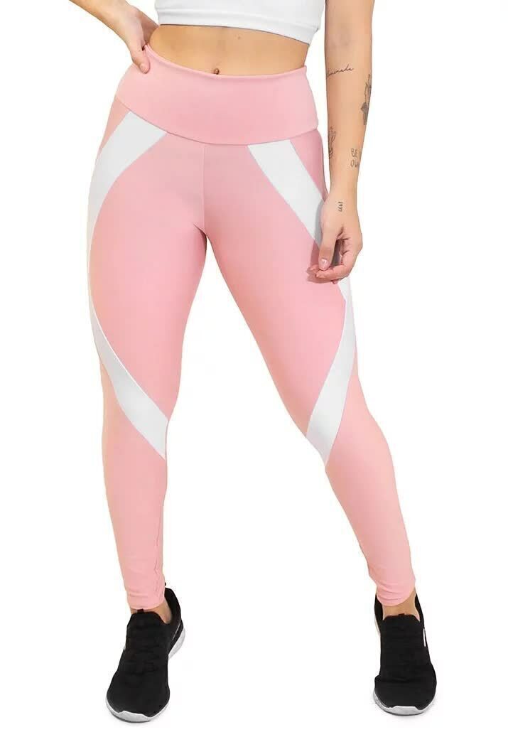 Calça Legging Feminina Cintura Alta Rosa Detalhe Em Listra Branca