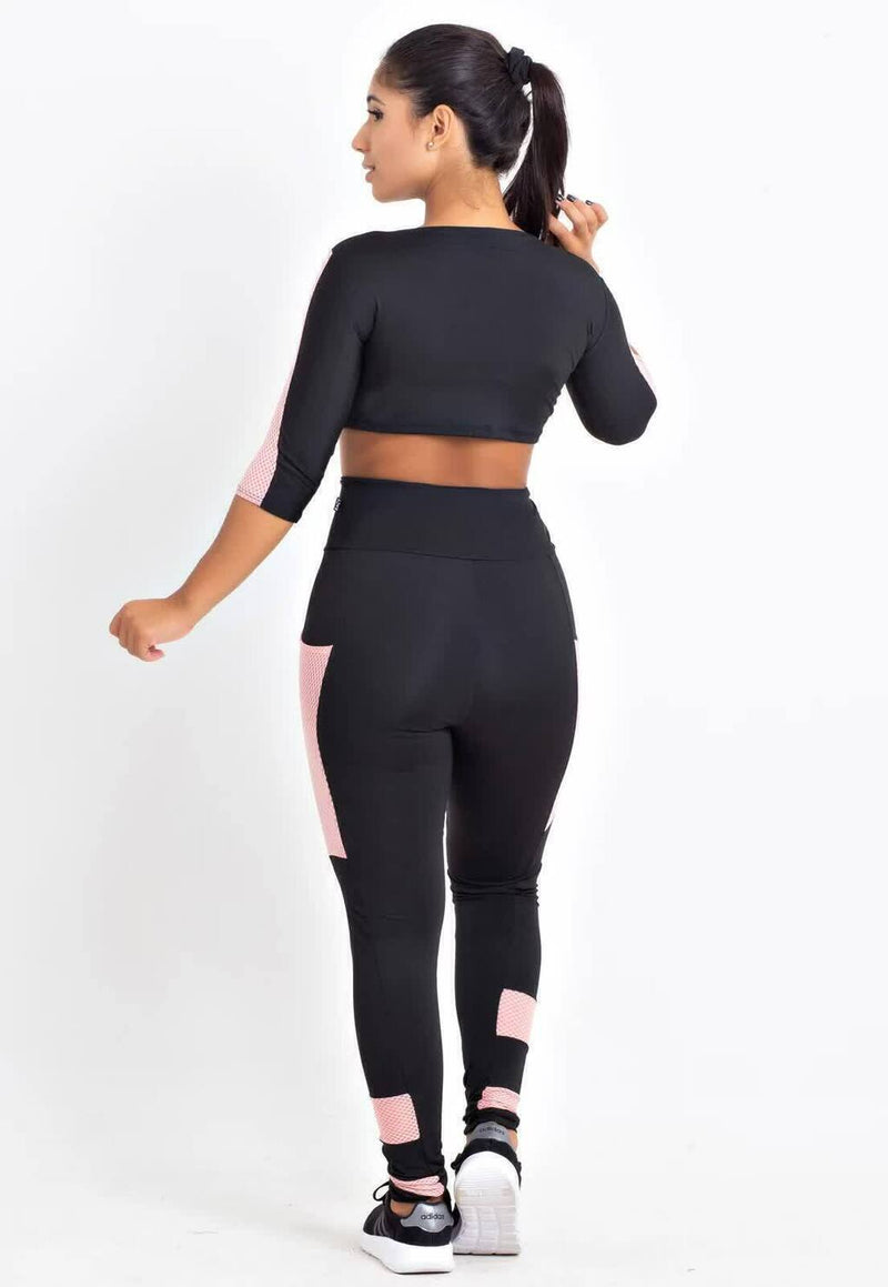 Conjunto Fitness Feminino Cropped&nbsp; Manga Longa Preto e Rosa + Calça Legging Cintura Alta Preta Detalhe Rosa