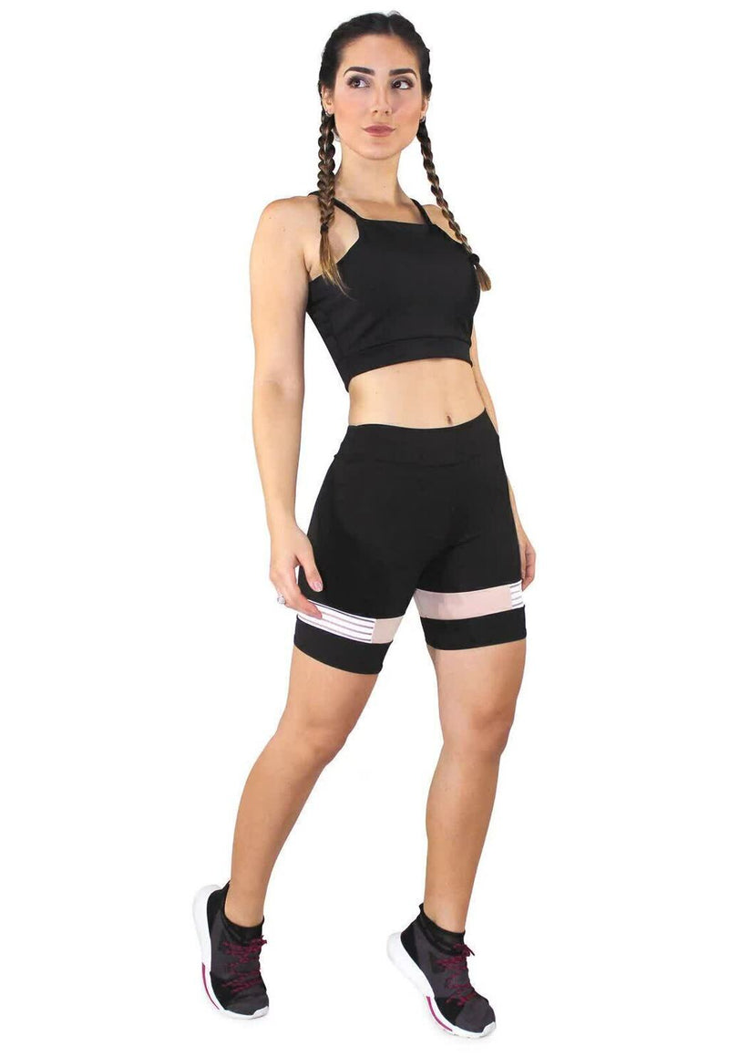 Conjunto Feminino Cropped Preto Alçinha e Short Preto Detalhe Rose