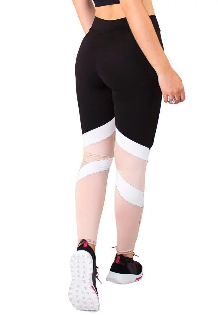 Calça Legging Feminina Fitness Preta e Rosê com Listra Branca