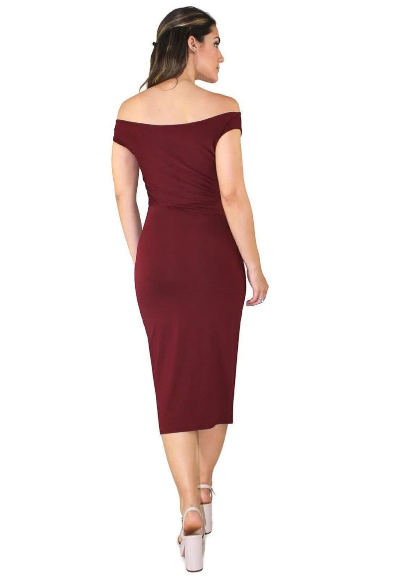 Vestido Feminino Midi Ombro A Ombro Com Fenda Vermelho Escuro