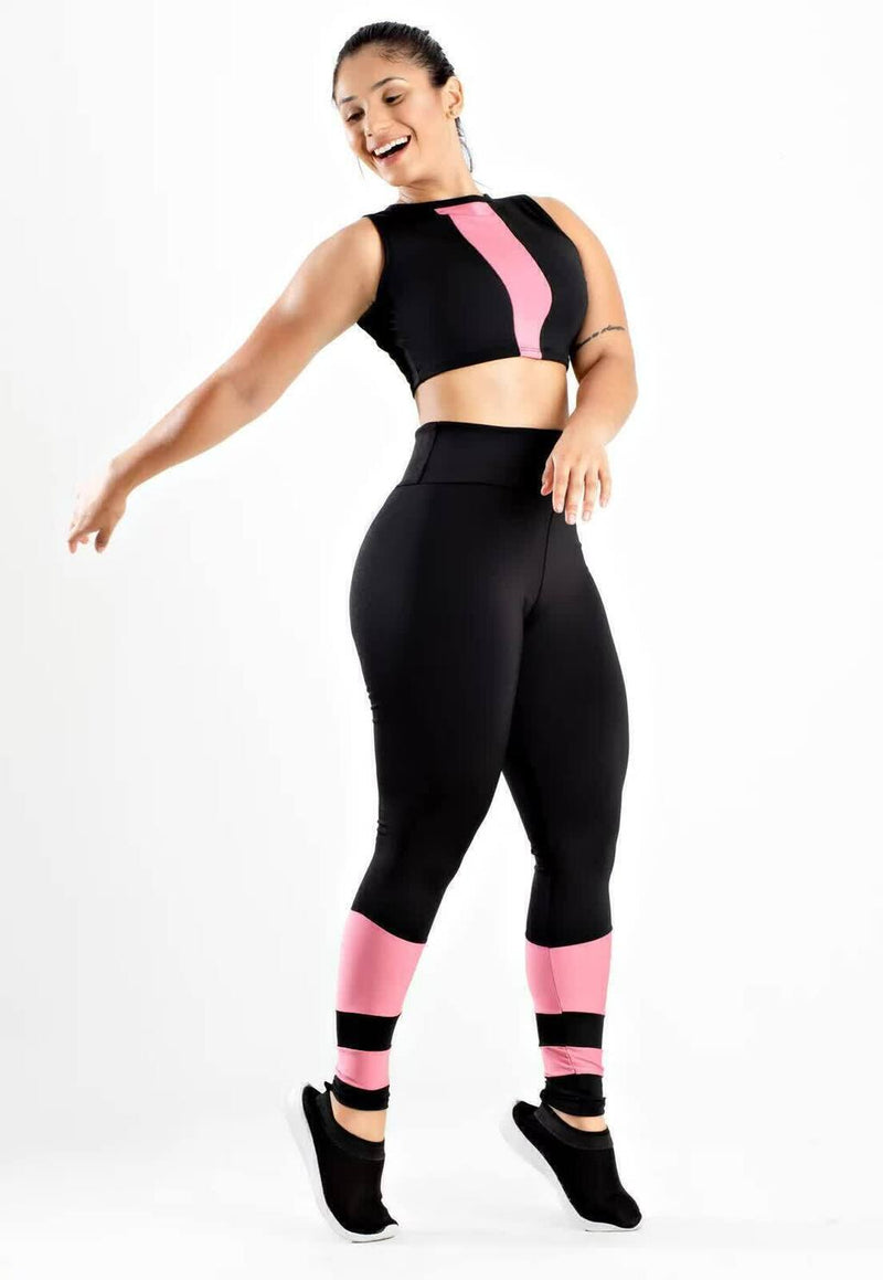 Conjunto Fitness Feminino Cropped Preto Detalhe Rosa + Calça Legging Cintura Alta Preta Detalhe Rosa