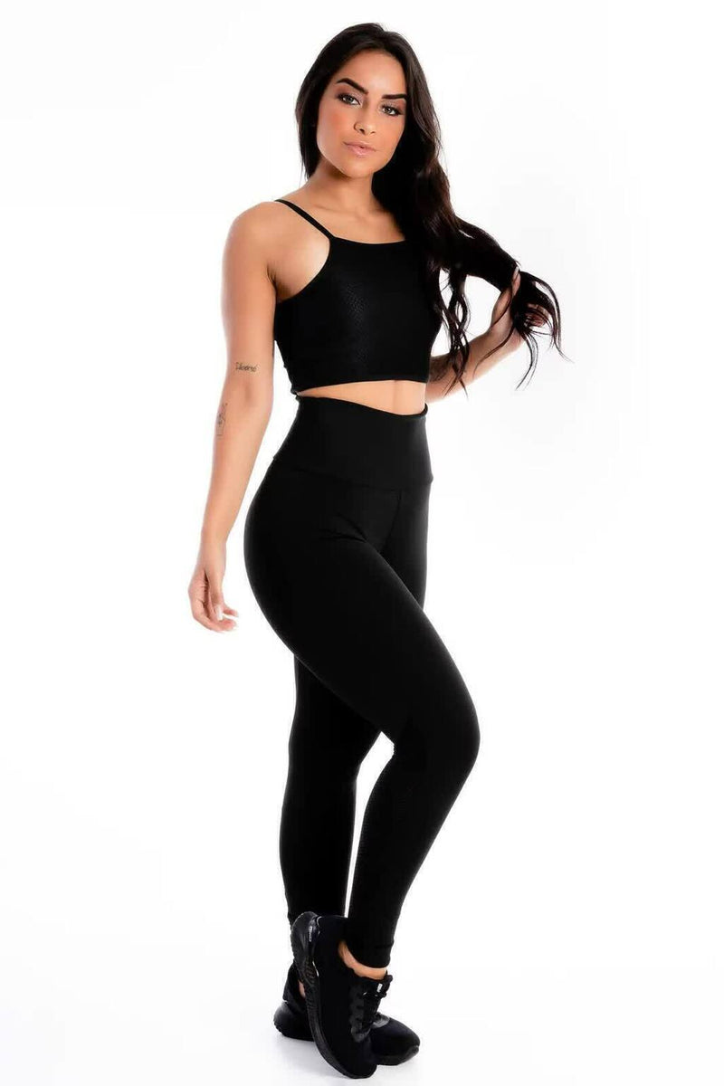 Conjunto Fitness Feminino Cropped Alcinha Preto + Calça Legging Cintura Alta Preta