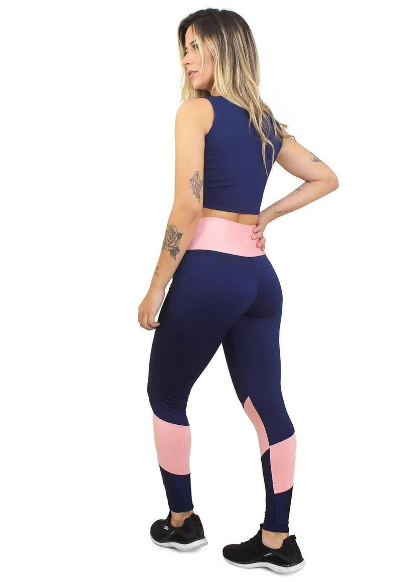 Conjunto Feminino Fitness Cropped e Calça Legging Azul Detalhe Rosa