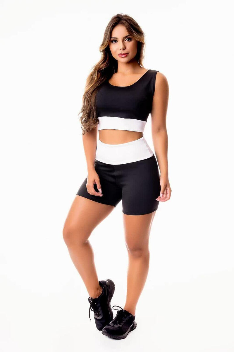 Conjunto Feminino Cropped Regata Preto Detalhe Em Branco e Short Preto Cintura Alta Detalhe Branco