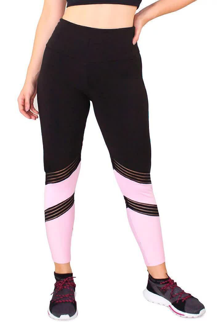 Calça Legging Feminina Cintura Alta Preta Detalhe Em Rosa e Listras