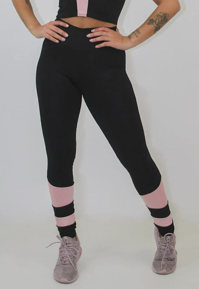 Calça Legging Feminina Cintura Alta Preta Com Detalhes Na Canela Rosa