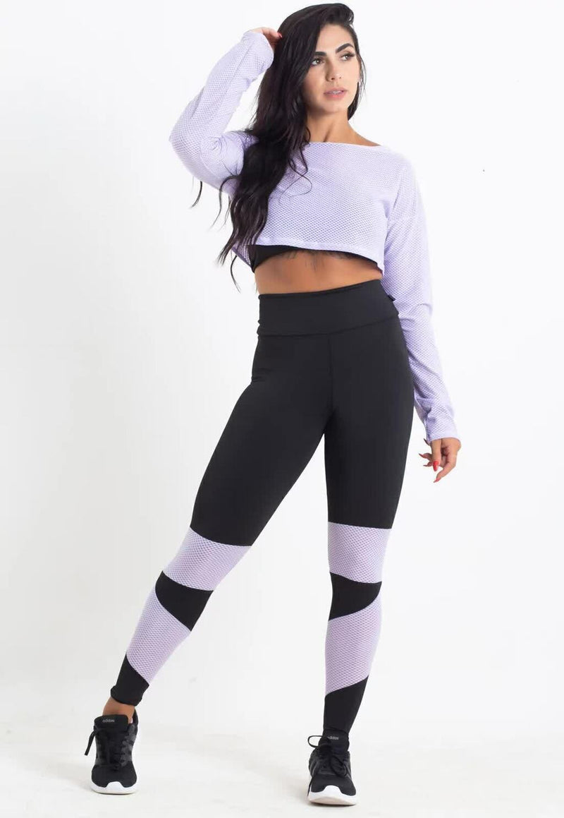 Conjunto Fitness Feminino Cropped De Tela Manga Longa Lilá + Calça Legging Cintura Alta Preta Detalhe Em tela Lilás