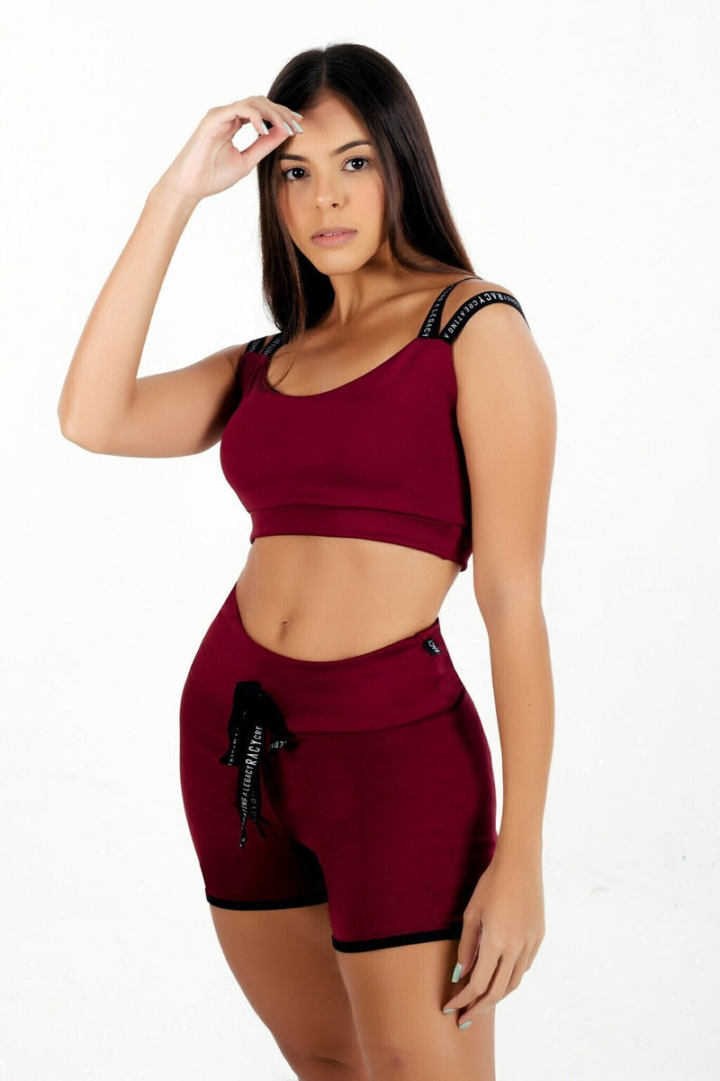 Conjunto Feminino Cropped Marsala Alça Dupla e Short Marsala Detalhe Cadarço Falso