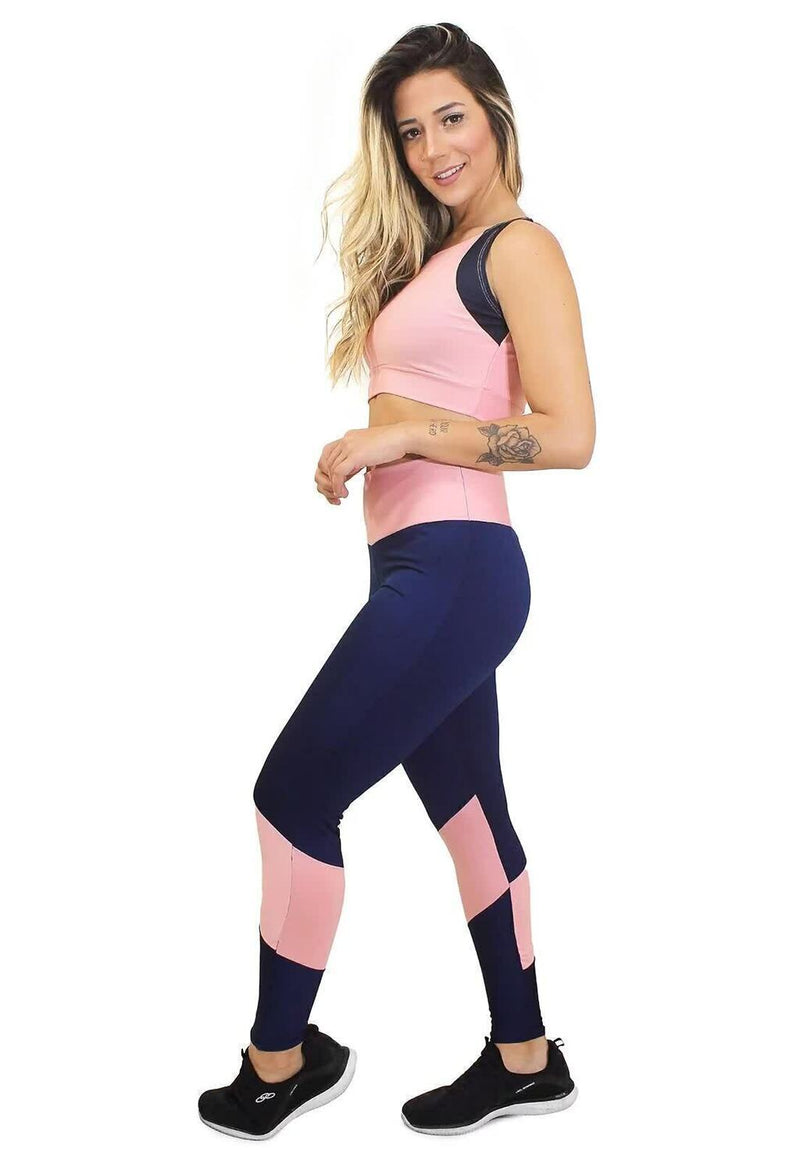 Conjunto Feminino Fitness Cropped e Calça Legging Azul Detalhe Rosa