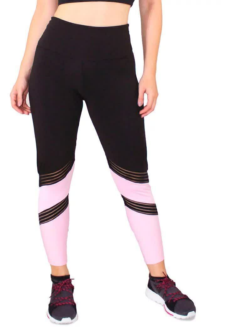 Calça Legging Feminina Cintura Alta Preta Detalhe Em Rosa e Listras