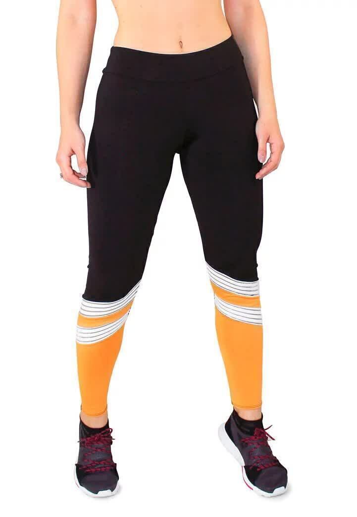 Calça Legging Feminina Cintura Alta Preta Detalhe Em Amarelo e Branco