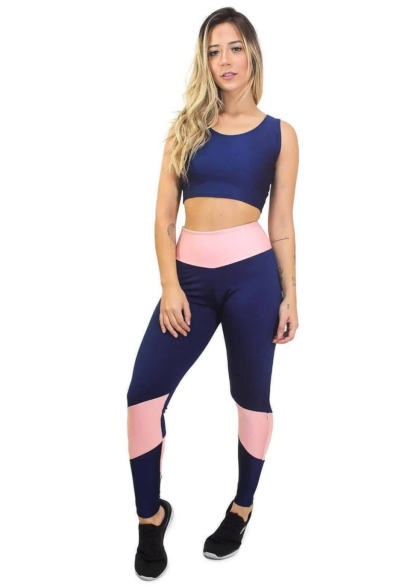 Conjunto Feminino Fitness Cropped e Calça Legging Azul Detalhe Rosa