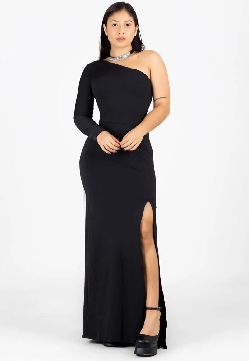 Vestido Feminino Longo Mnaga Nula Com Fenda Lateral Preto