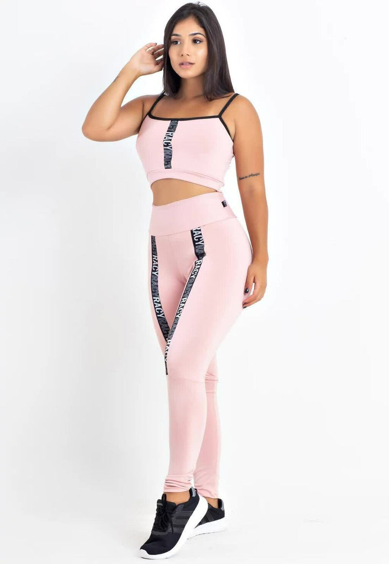 Conjunto Fitness Feminino Cropped Alcinha Rosa Detalhe Faixa Preta + Calça Legging Cintura Alta Rosa Detalhe Faixa Preta