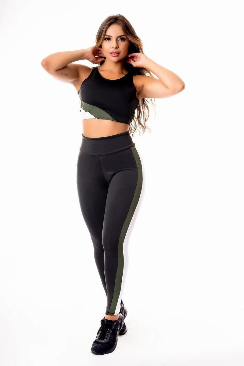 Feminino Calça Legging Preta com Faixas Verde Militar e Branco Cintura Alta e Cropped Regata Academia Conjunto Fitness