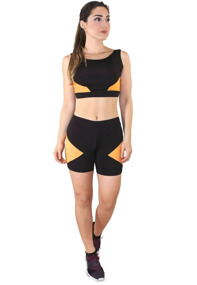 Cropped Com Faixa Amarelo + Shorts Preto Com Amarelo Conjunto Fitness