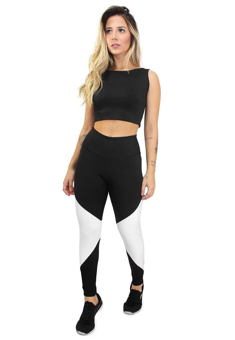 Conjunto Feminino Fitness Cropped Preto e Calça Legging Preta Com Branco