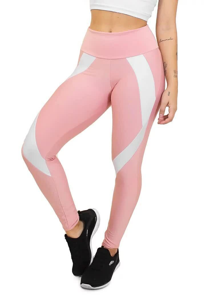 Calça Legging Feminina Cintura Alta Rosa Detalhe Em Listra Branca