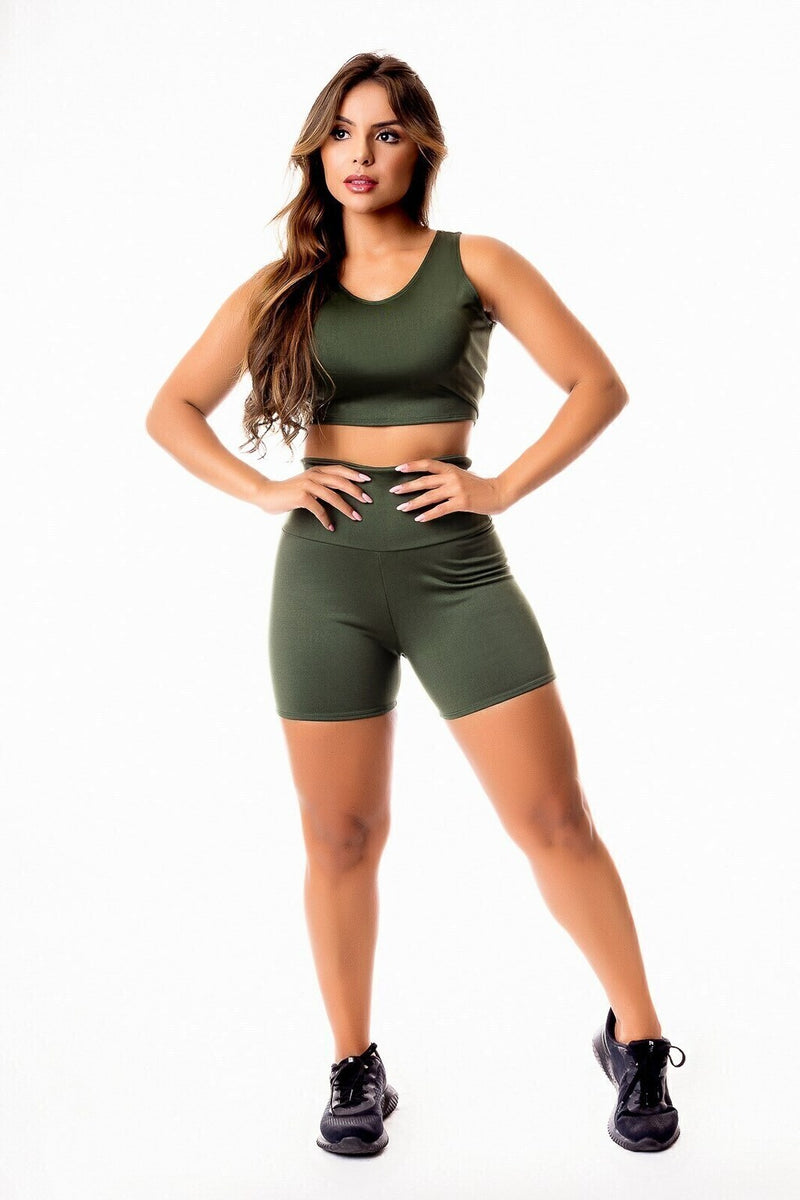 Conjunto Feminino Cropped Regata Verde Militar e Short Verde Militar